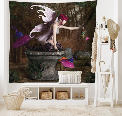 Ambesonne Tale Tapestry, Dimensional Mythical Creature Design, Wide Wall Hanging for Bedroom, 80" X 60", Red Purple Grey