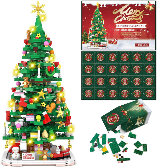 Advent Calendar 2024 - Christmas Tree Building Toy Set with LED Light, 1102 Pieces