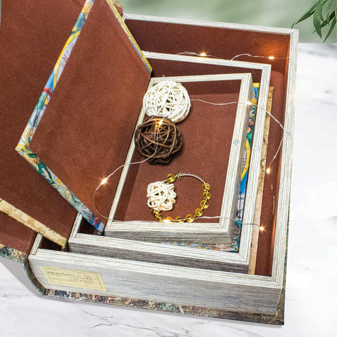 Decorative Book Box Set of 3, Faux Antique Trinket Keepsake Storage Box with Ancient World Map Pattern, Graduation Gift