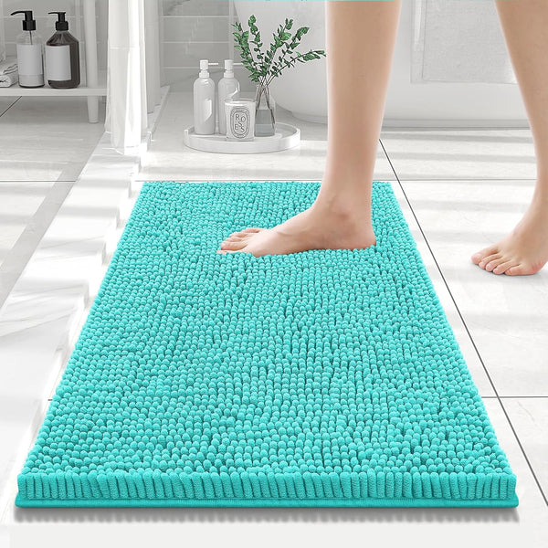 Smiry Luxury Chenille Bathroom Rugs 24x16, Extra Soft and Absorbent Shaggy Bath Mat, Non-Slip Turquoise