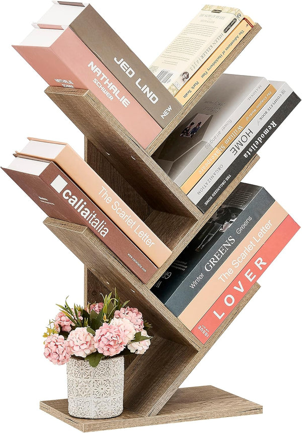 Hoctieon 4 Tier Tree Bookshelf, Modern Free Standing Bookcase, Utility Organizer Shelves for Home Office, Greige