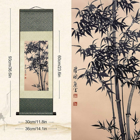 AtfArt Asian Wall Decor, Beautiful Silk Scroll Painting Bamboo Leaf Plant - Ancient Bamboo Oriental Decor (36.2 x 12 in)