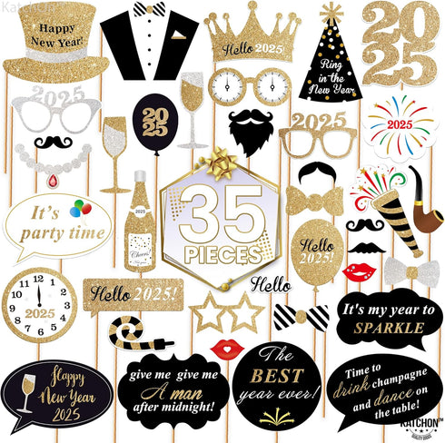 KatchOn Photo Booth Props for New Years Eve 2025 | Huge Pack of 35 | Happy New Year Decorations and Party Supplies