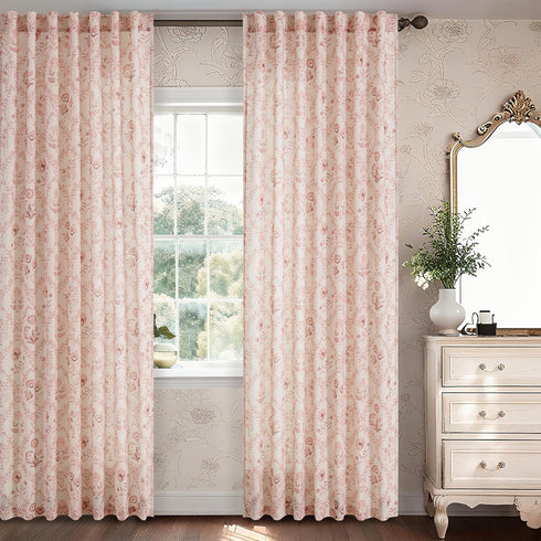 96 Inch 2 Set Pink Linen Floral Curtains Panel for Living Room Semi Sheer Light Filtering Window Curtains Blush Flower