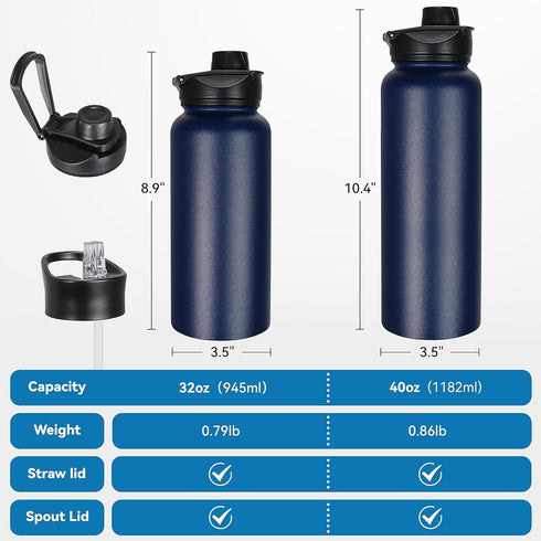 VEGOND 32 oz Insulated Water Bottle Bulk, Stainless Steel Metal Water Bottles with Leak Proof Straw Lid & Spout Lid, 4