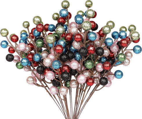 HOHOTIME 24 Pack Artificial Berry Stems Branches, Christmas Faux Holly Colorful Berries