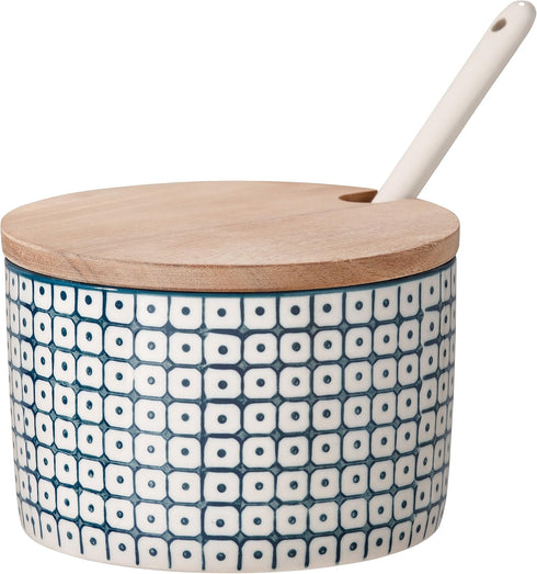 Bloomingville Ceramic Sugar Bowl with Bamboo Lid/Spoon Carla, 4'' Dia, 2.75'' H, Blue Stoneware, 8.75 fl oz