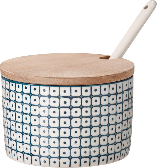 Bloomingville Ceramic Sugar Bowl with Bamboo Lid/Spoon Carla, 4'' Dia, 2.75'' H, Blue Stoneware, 8.75 fl oz