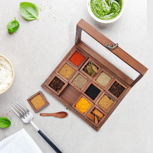 12 1 Ajuny Wooden Spice Box - Masala Dabba Organizer with Glass Lid on Top, Removable Compartments and Designer Spoon