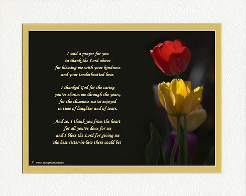 Sister-in-Law Gift with "Thank You Prayer for Best Sister in Law" Poem, 8x10 Double Matted Red & Yellow Tulips Photo