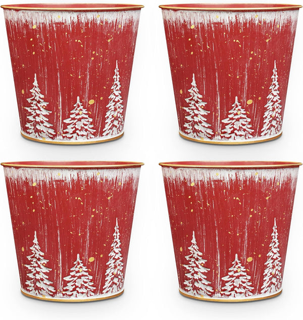 Putuo Decor Christmas Planters Pots, 5.9in Small Metal Tin Buckets with Christmas