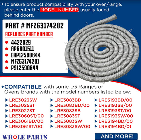 Whole Parts Range Oven Door Seal Gasket with 25 Mounting Clips, Part# MFZ63174202, Replacement for LG Ranges