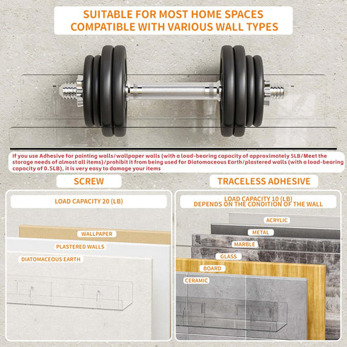 Yieach 4 Pack Acrylic Shelves for Wall Storage,No Drilling Adhesive Shelves,Clear Stick On Bathroom Wall Shelf