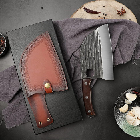ROCOCO 6.5" Serbian Chef Knife, Full Tang Japanese Butcher Knife with Sheath for Kitchen, Outdoor BBQ, Camping Gift