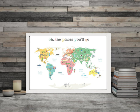 Oh the Places You'll Go Illustrated Kids World Map, 24x17”, Vibrant Educational Wall Decor with Animals