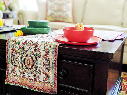 Tache Rococo Elegant Ornate Ivory Colorful Paisley Dining Cotton Linen Tapestry Woven Table Runner 13x90