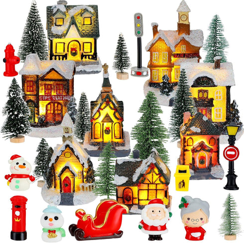 Woanger 29 Pieces Christmas Village Set LED Lighted Houses for Christmas Village