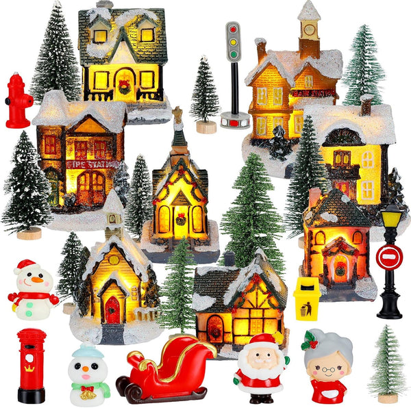 Woanger 29 Pieces Christmas Village Set LED Lighted Houses for Christmas Village