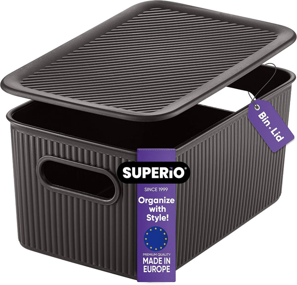 Superio Ribbed Collection - Decorative Plastic Lidded Storage Bins, Medium Brown (1 Pack - 5 Liter)