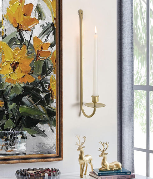 Set 2 Wall Candle Holders of Handcrafted Wrought Iron Sconces with Gold Finish, Easy to Install Modern Candle Holders