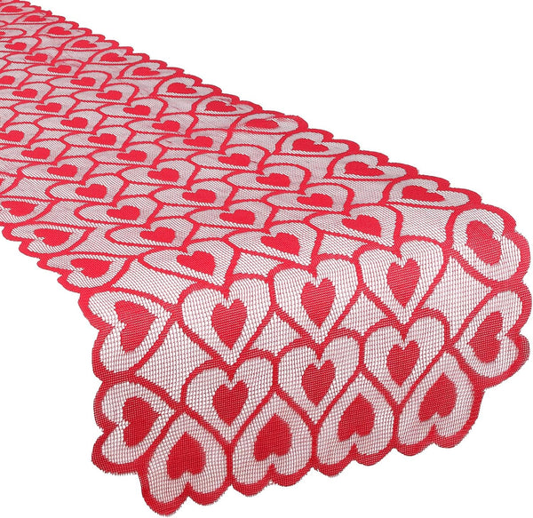UnslQonds Valentine Table Runner, 71 Inch Long Red Lace Heart Table Runner Backdrop