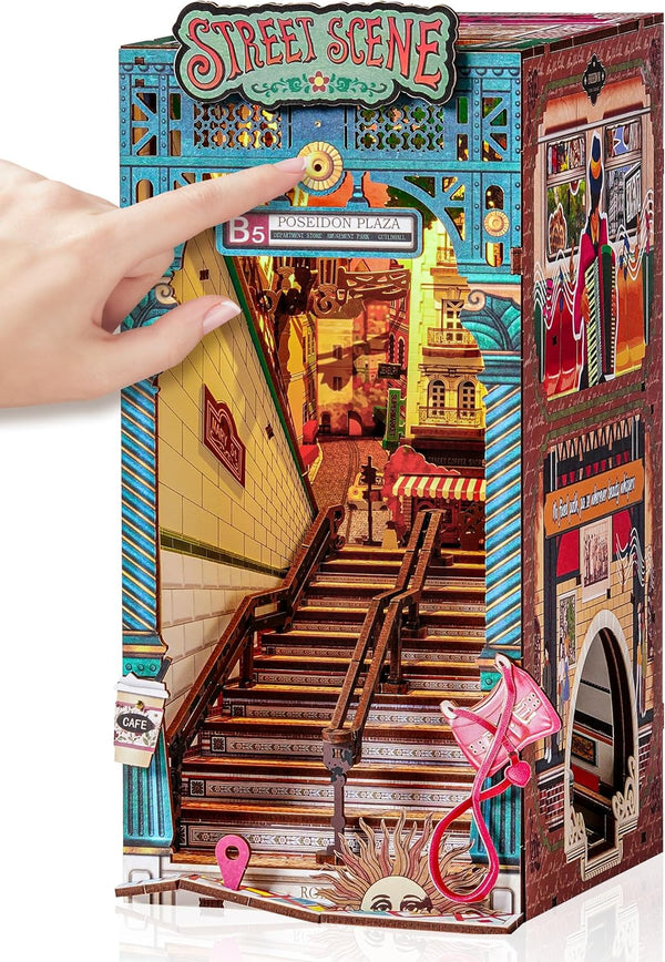 Rolife DIY Book Nook Kits Sunset Street Scene, Endless Stairs Bookshelf Decor