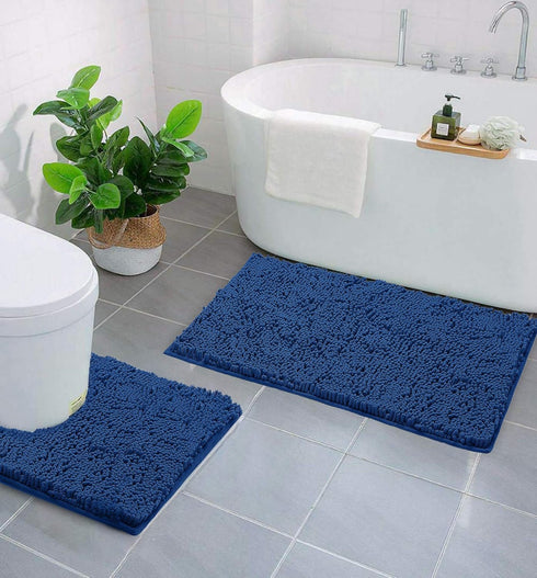 Bathroom Rugs Sets 2 Piece, Luxury Chenille Bath Mat Set, Soft Plush Anti-Slip Rug + U-Shaped Toilet Mat, Blue