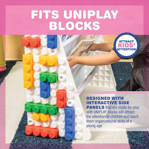 4-Tier UNiPLAY Kids Book Storage Organizer with Sling Book Pockets, Plastic Sling Rack Bookshelf for Playroom, Fits
