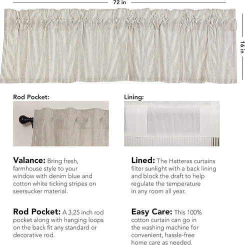 VHC Brands Hatteras Seersucker Ticking Striped Cotton Kitchen Curtains, Rod Pocket Valance 16x72, Denim Blue
