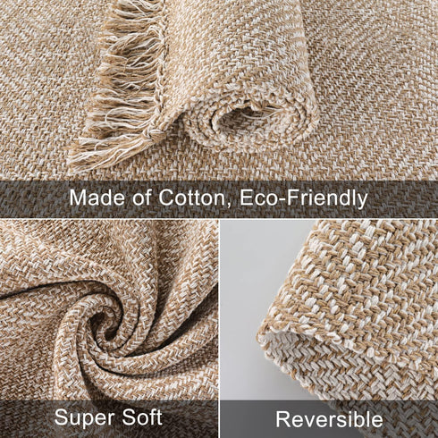 Collive Small Bathroom Rug, 2' x 3' Hand-Woven Low Profile Entryway Rug, Tan Cotton Reversible Washable Mat