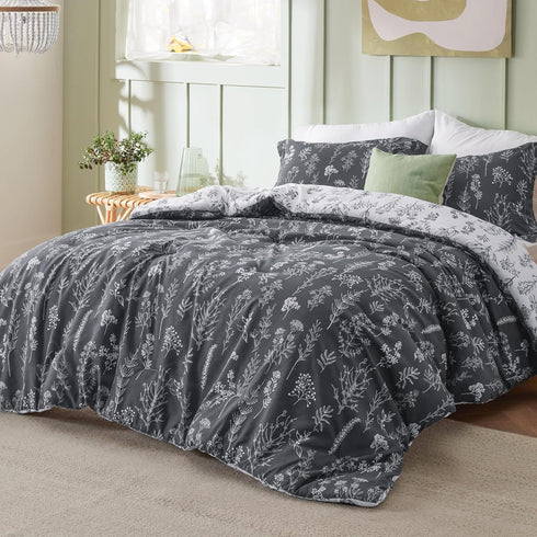 Bedsure Twin/Twin XL Comforter Set, Dark Grey Floral Bedding, 2 Pieces with Reversible Comforter and Pillow Sham