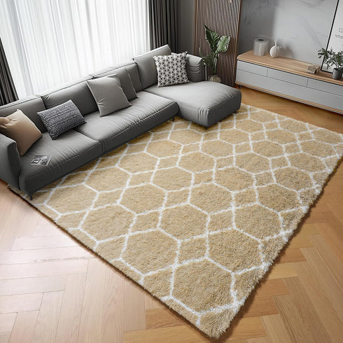 5x7 ONASAR Area Rugs for Living Room Bedroom, Fluffy Beige and White Shag Rug, Geometric Boho Soft Plush Shaggy Floor