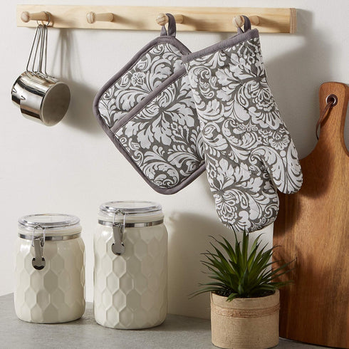 DII Quilted Kitchen Oven Mitt & Potholder Set, Gray Damask Print, 2 Piece, OM 6.5x12/PH 8x8.5