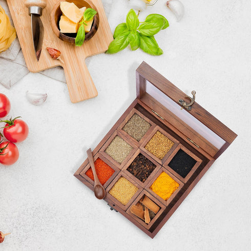 9x9 Inch 9 Ajuny Wooden Spice Box - Decorative Masala Dabba Organizer with Glass Lid, Compartments & Spoon, Spice