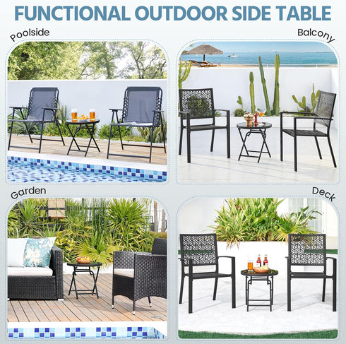 Yaheetech Outdoor Folding Side Table, Round Patio Folding End Table with Silk Tempered Glass Tabletop, Portable Small