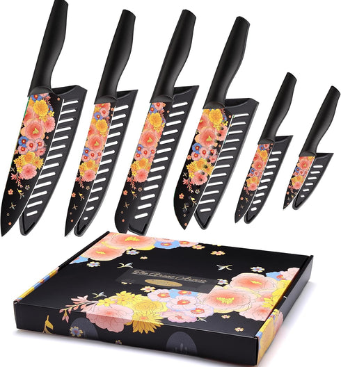 Marco Almond Knife Set, Artistic Designed Pattern Kitchen Knife, 6 Stainless Steel Kitchen Knives with Blade Guards
