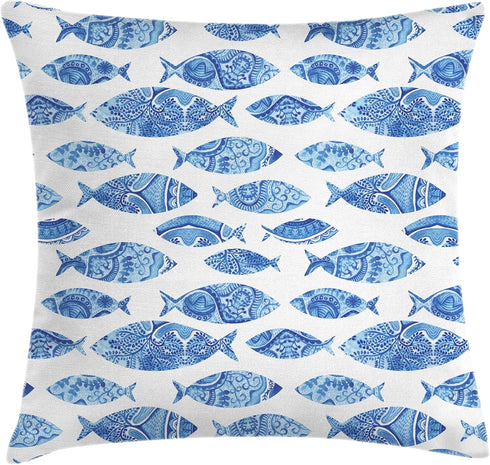 Ambesonne Blue Throw Pillow Cushion Cover, Fish Sea Animal with Ottoman Ornate