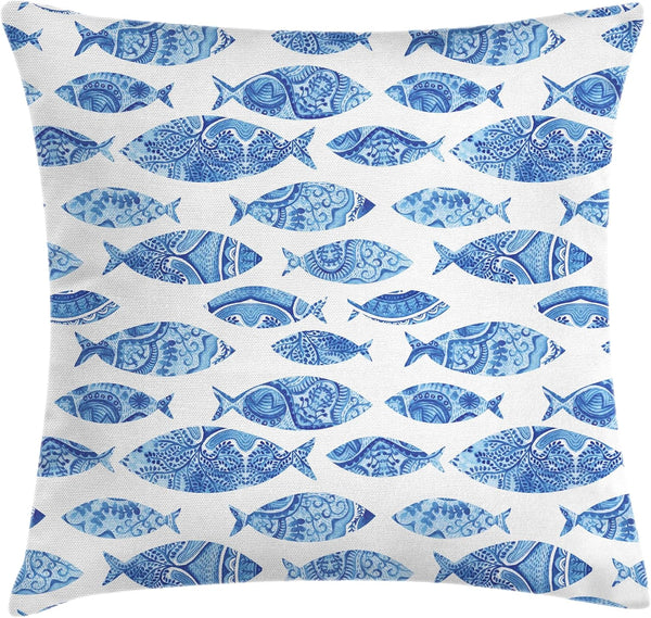 Ambesonne Blue Throw Pillow Cushion Cover, Fish Sea Animal with Ottoman Ornate
