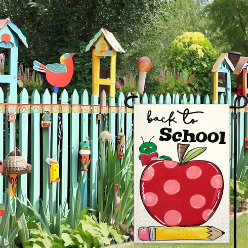 Welcome Back to School Garden Flag 12x18 Inch, Double Sided Love Heart Apple First Day Outdoor House Decoration