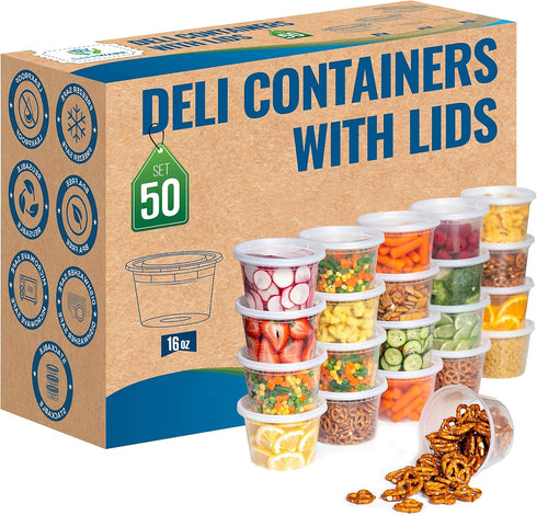 Deli Plastic Food Containers with Airtight Lids - 50 Sets, Leakproof Small Combo Pack, 16oz