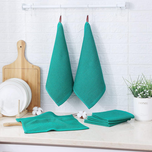 Kitinjoy 100% Cotton Kitchen Dish Cloths, 6 Pack Ultra Soft Waffle Weave Dish Towels, Teal, 12 x 12 Inches