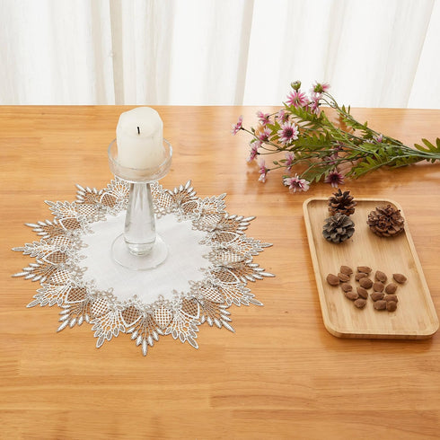 15 inches 15 White Linen Doily Round Neutral Earth Tones Beige Lace Coffee Table Topper Dresser Scarf Place Mats
