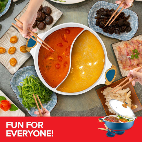 Nonstick Hot Pot with Divider, Blue Shabu Shabu Pot with Silicone Spoons for Cooking Two Broths, Induction or Gas Stove