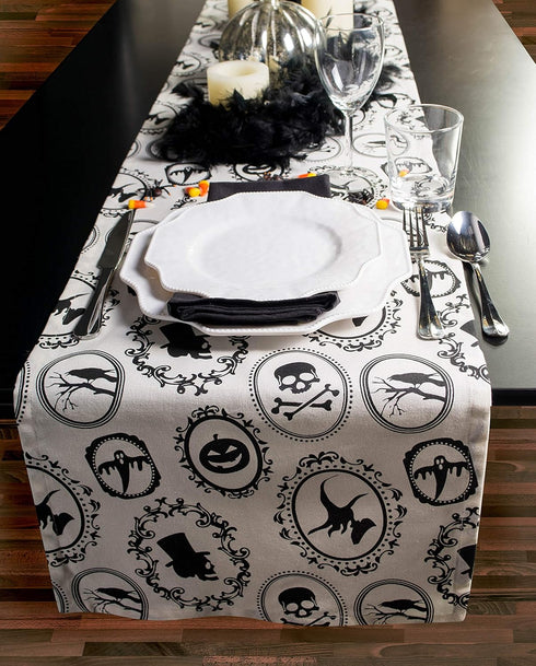 DII Halloween Party Tabletop Decor, Reusable Cotton Fabric Table Runner, 14x72, Spooky Portraits, Machine Washable