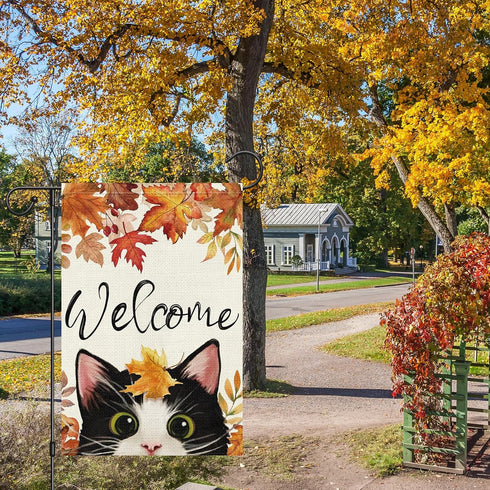 Welcome Fall Garden Flag 12 x 18 Inch Vertical Double Sided Burlap, Autunm Cute Cat Garden Yard Flags for Yard Thanksgiving Holiday Outside Outdoor Seasonal Decoration(ONLY FLAG)