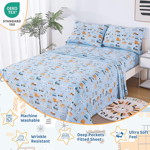 4 Set Sets Viviland Pieces Boys Blue Truck Full Sheet - Soft Microfiber Fitted Flat Sheets & Pillowcases - Construction