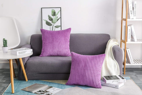 TangDepot Set of 2 Soft Plush Velvet Big Striped Corduroy Decorative Throw Pillow Covers - (28"x28", A90 Light Purple)