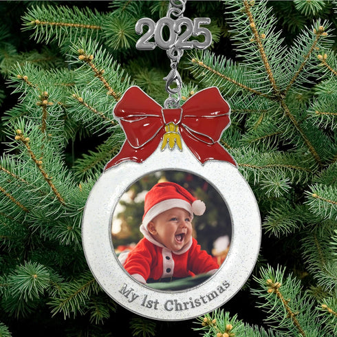 Baby's 1st Christmas Photo Ornament - 2025 Charm, Bulb Shape with White Glitter & Red Bow - Gift-Storage Bag Included,