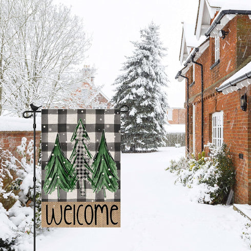 Welcome Christmas Trees Winter Garden Flag - 12 x 18 Inch Vertical Double Sided Buffalo Plaid Holiday Décor