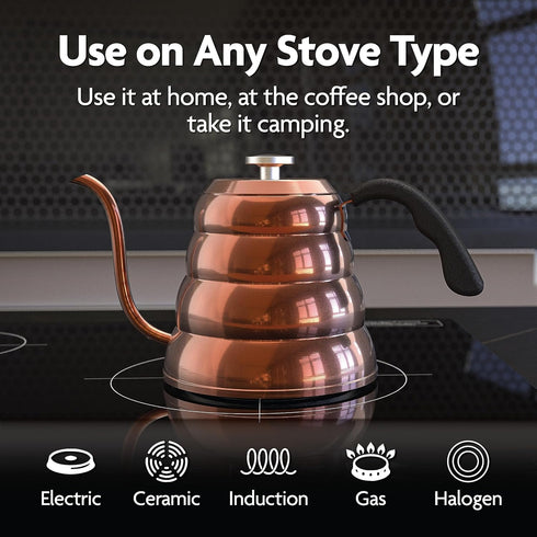 40 oz. Viant Gooseneck Stovetop Pour Over Coffee Kettle with Thermometer for Drip Coffee and Tea. Premium Copper